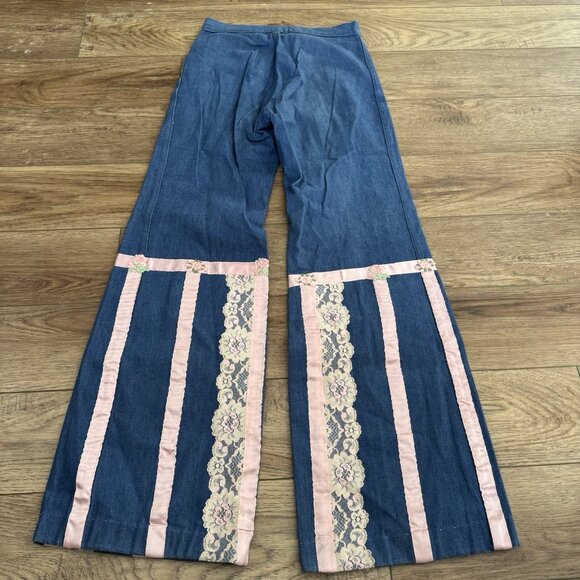 Vintage 70s Petit Fors Floral Lace Flared Jeans - Picture 2 of 12